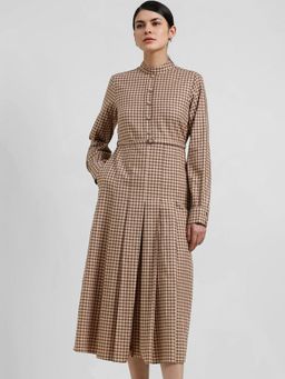 FableStreet - Cotton Fit And Flare Gingham Dress - Brown