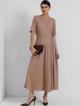 FableStreet - Striped Fit And Flare Dress - Beige