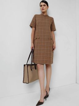 FableStreet - Cotton Plaid Shift Dress - Brown