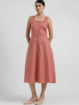 FableStreet - Cotton Fit And Flare Gingham Dress - Rust