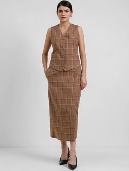 FableStreet - Cotton Plaid Waistcoat Co-Ord - Brown