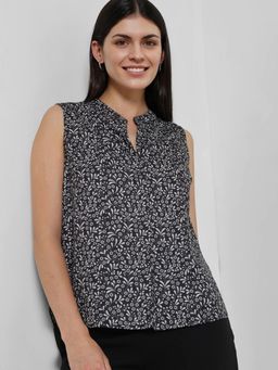 FableStreet - Floral Mandarin Neck Top - Black