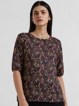 FableStreet - Floral Round Neck Top - Black