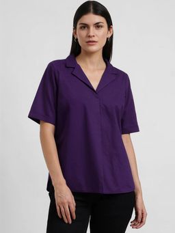 FableStreet - Cotton Notched Collar Top - Purple