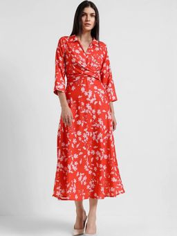 FableStreet - Floral Fit And Flare Dress - Red