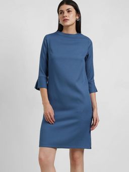 FableStreet - Mandarin Collar Shift Dress - Blue