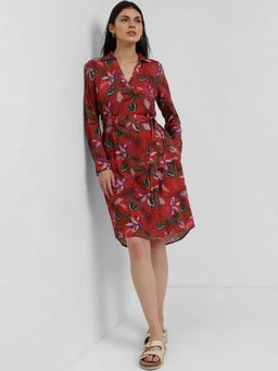 FableStreet - Floral A-Line Dress With Belt- Rust