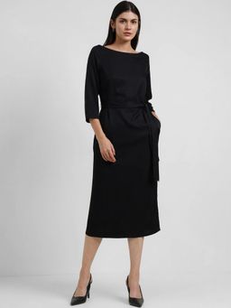 FableStreet - Sheath Dress With Belt - Black