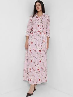 FableStreet - Floral Button-down Dress With Belt - Baby Pink