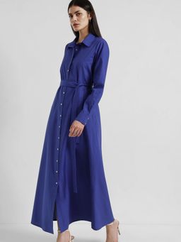 FableStreet - Cotton A-Line Button-down Dress With Belt - Blue