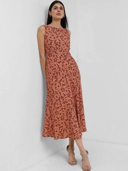 FableStreet - Floral Fit And Flare Dress - Brown
