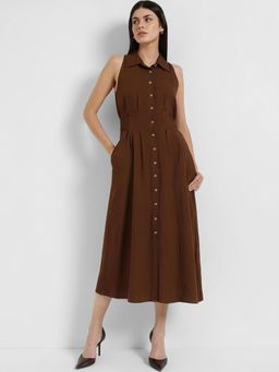 FableStreet - Fit And Flare Button-down Maxi Dress - Brown