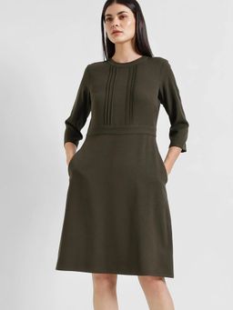 FableStreet - Pintuck Detail A-Line Dress - Olive