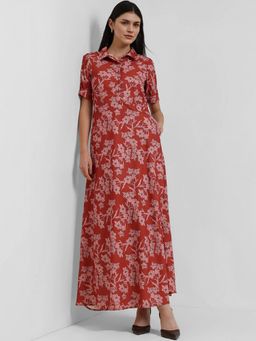 FableStreet - Floral Fit And Flare Dress - Red