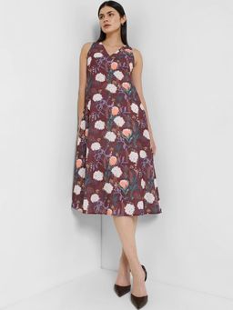 FableStreet - Floral A-Line Dress - Brown