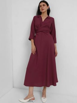 FableStreet - Flare And Fit Dress - Wine - Burgundy