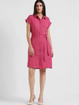 FableStreet - Drop Shoulder Shirt Dress With Belt - Pink