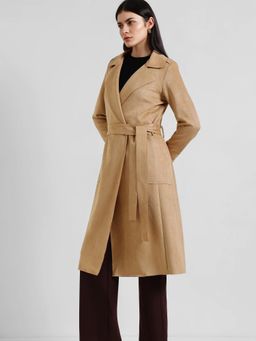 FableStreet - Suede Double Breasted Long Overcoat with Belt - Beige