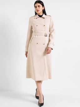 FableStreet - Double-Breasted Long Trench Overcoat with Belt - Beige