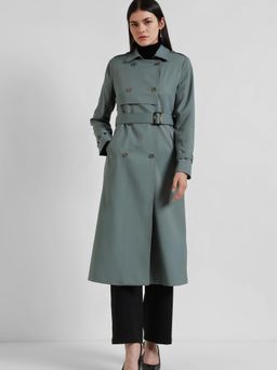 FableStreet - Double-Breasted Long Trench Overcoat with Belt - Green