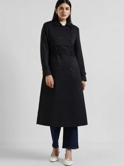 FableStreet - Double-Breasted Long Trench Overcoat with Belt - Black