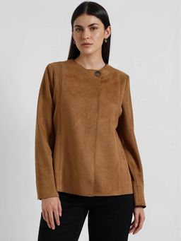 FableStreet - Suede Overlap Blazer - Tan