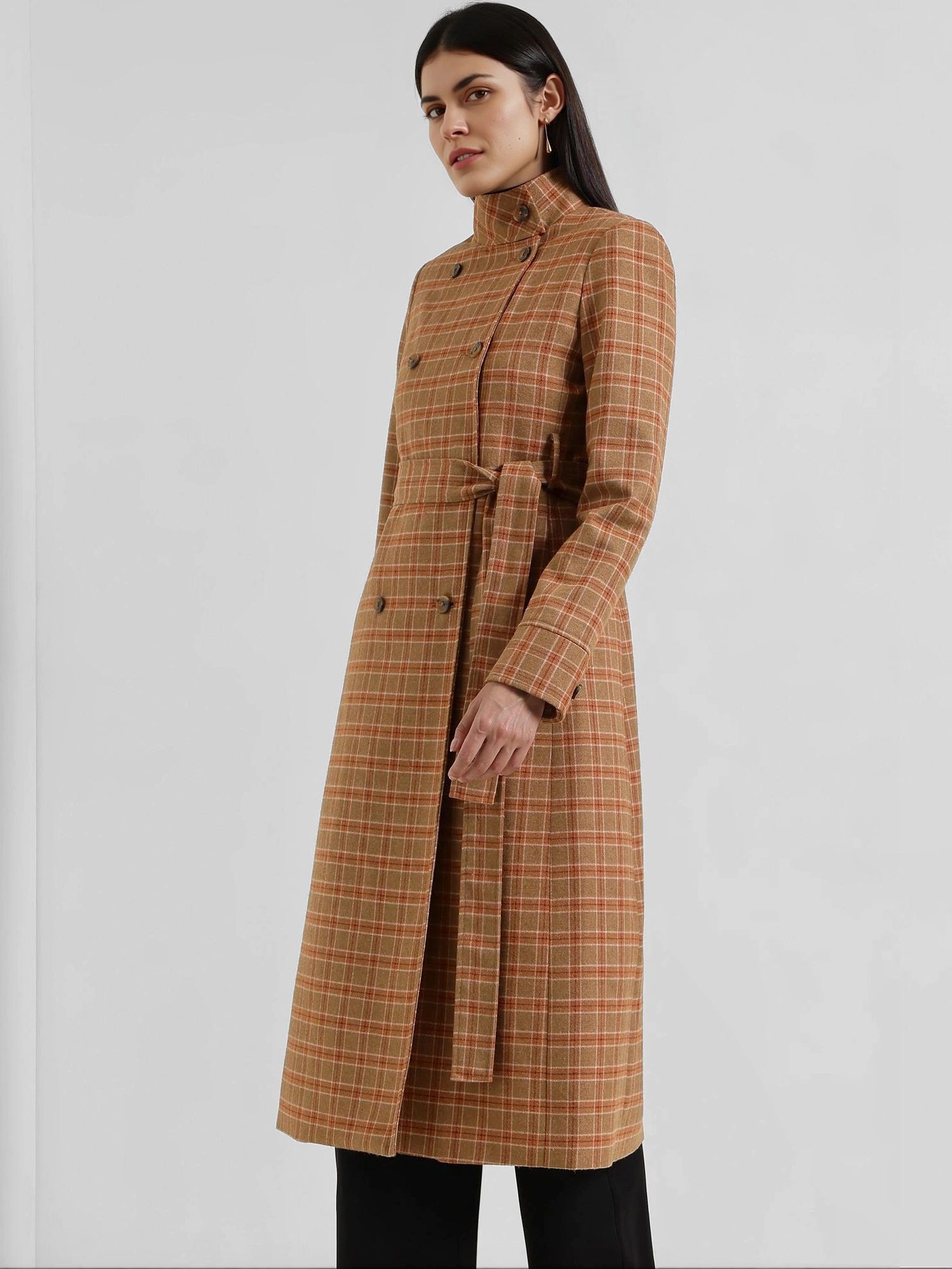 fable street Double Breasted Tweed Long Overcoat with Belt - Brown-picture-21