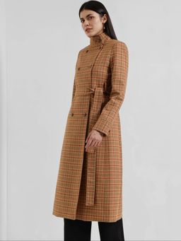FableStreet - Double Breasted Tweed Long Overcoat with Belt - Brown
