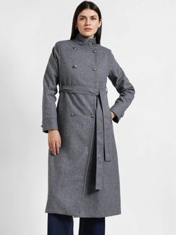 FableStreet - Double Breasted Tweed Long Overcoat with Belt - Grey
