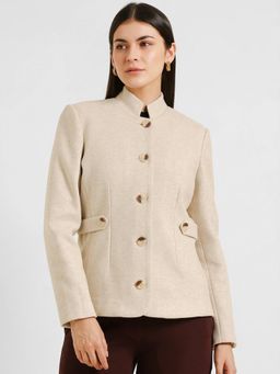 FableStreet - Mandarin Collar Blazer - Beige