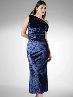 FableStreet - Navy Blue Velvet Slim Fit Asymmetric Top and Skirt