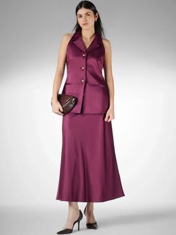 FableStreet - Wine Satin Regular Fit Waistcoat with Skirt