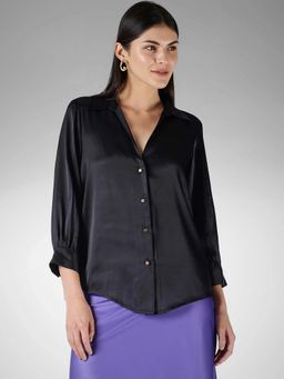 FableStreet - Black Satin Regular Fit Shirt