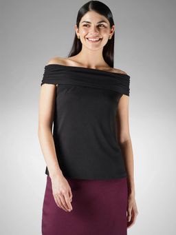 FableStreet - Black Regular Fit Off-Shoulder Top
