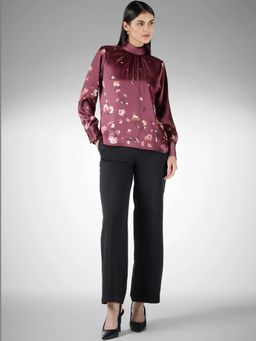 FableStreet - Wine Satin Relaxed Fit Floral Printed Top