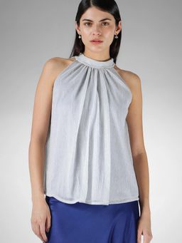 FableStreet - Silver Regular Fit Sleeveless Halter Top