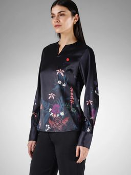 FableStreet - Black Satin Relaxed Fit Long Sleeves Floral Printed Top