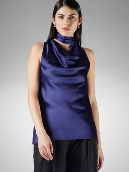 FableStreet - Navy Blue Satin Relaxed Fit Sleeveless Cowl Neck Top