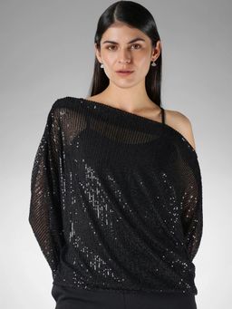FableStreet - Black Sequined Loose Fit Off-Shoulder Top