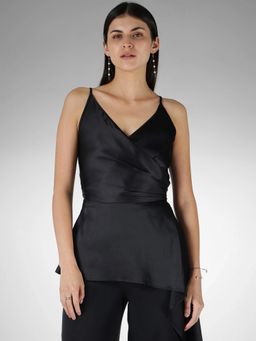 FableStreet - Black Satin Regular Fit Sleeveless Wrap Top