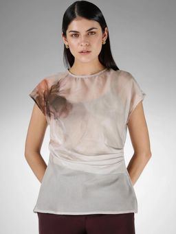 FableStreet - Grey Organza Round Neck Floral Printed Top with Inner