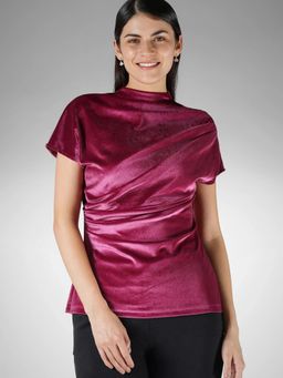 FableStreet - Wine Velvet Regular Fit High Neck Top