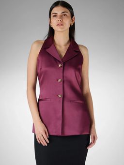 FableStreet - Wine Satin Regular Fit Sleeveless Notched Lapel Top