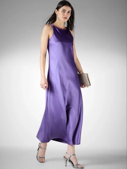 FableStreet - Satin A-Line Sleeveless Round Neck Purple Dress
