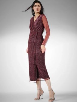 FableStreet - Lurex Slim Fit Full Sleeve V-Neck Wrap Burgundy Dress