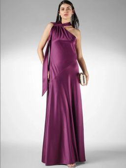 FableStreet - Satin A-Line Sleeveless One-Shoulder Solid Purple Dress