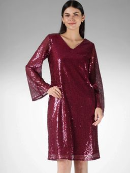 FableStreet - Sequined Loose Bell Sleeve V-Neck Maroon Dress