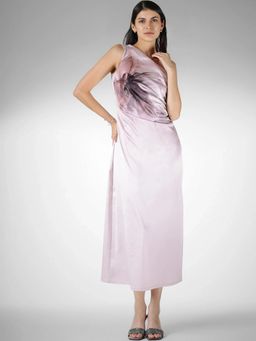FableStreet - Satin Floral Semi-Fit One-Shoulder Ruched Pink Dress