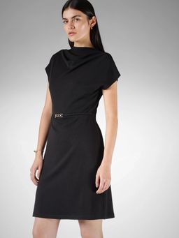 FableStreet - Polyester Slim Fit Half Sleeve Cowl Neck Black Dress