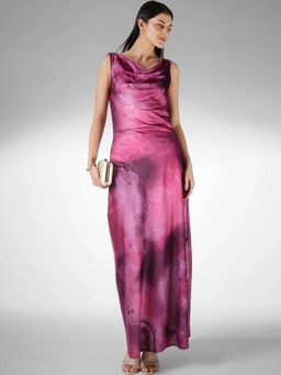 FableStreet - Satin A-Line Sleeveless Cowl Neck Marble Print Pink Dress